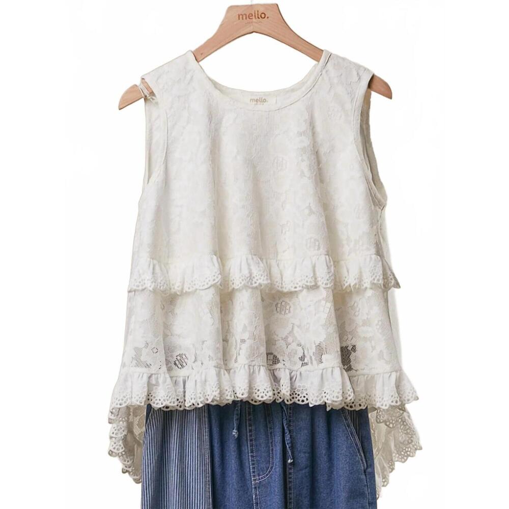 NEW MELLO women's high-low layered lace tunic top in beige